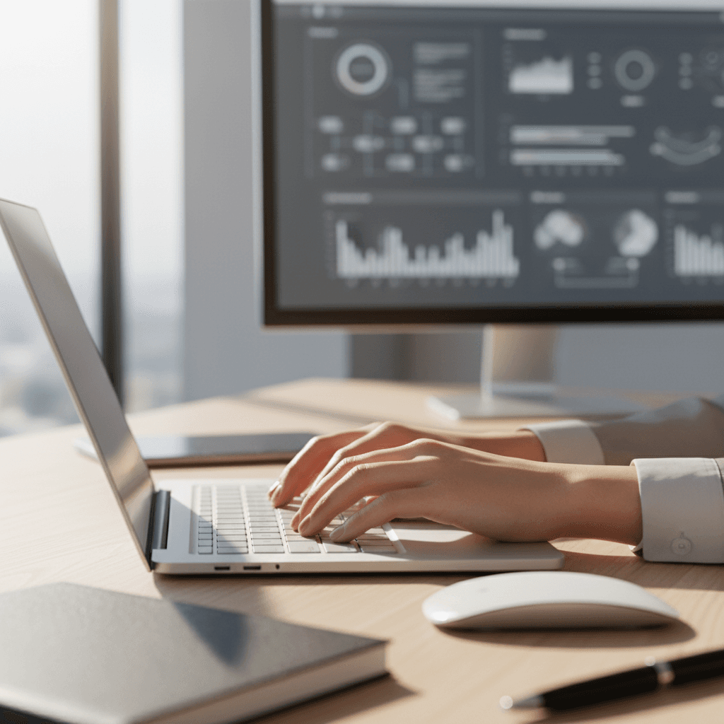 Minimalist laptop workspace with dark dashboard interface