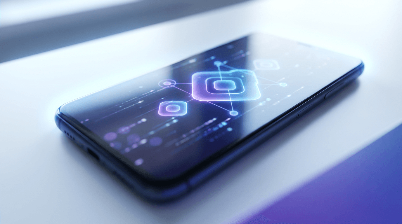 Hand holding smartphone displaying StackTrack analytics dashboard with protocol metrics and performance data