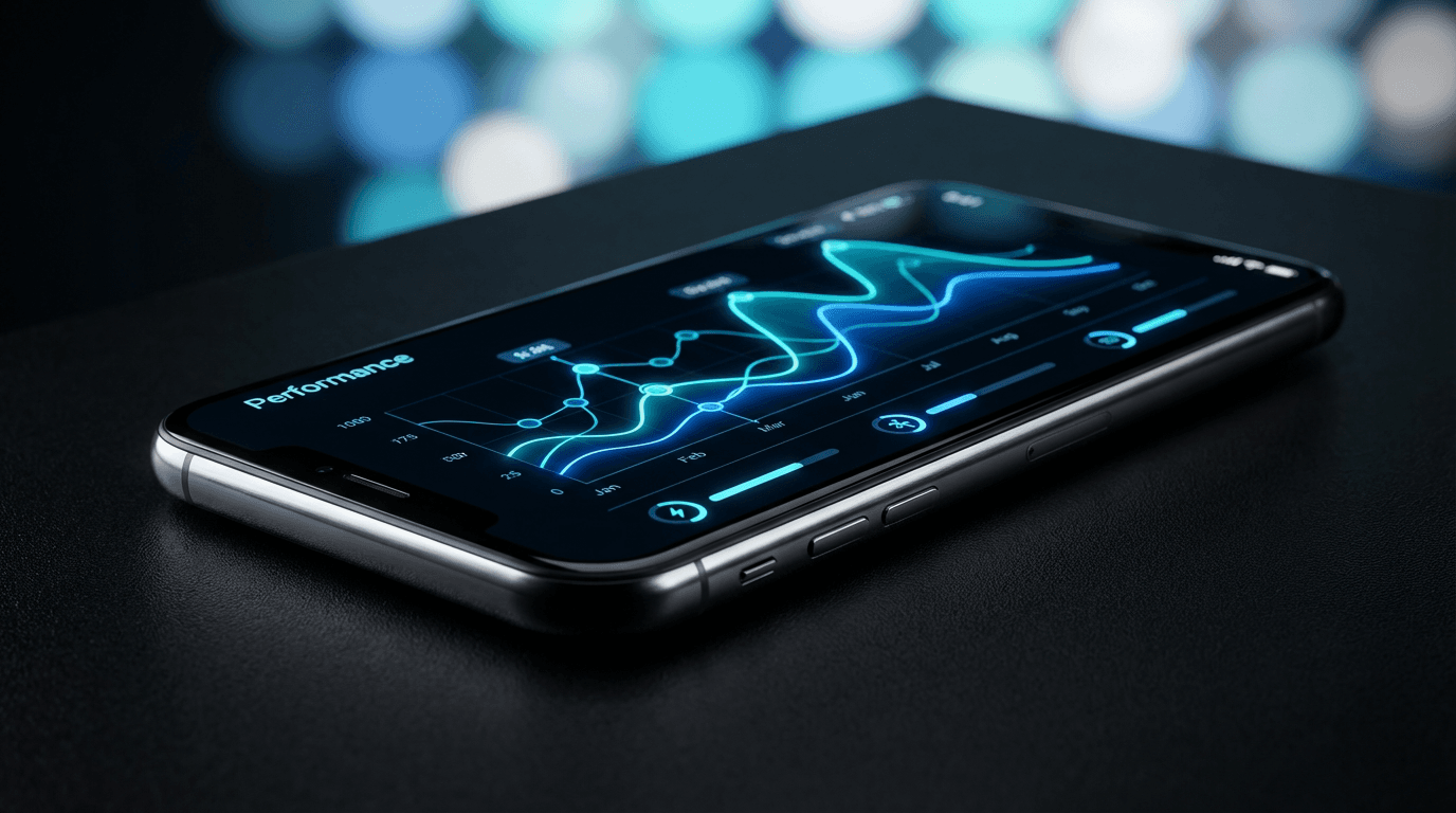 Smartphone displaying StackTrack's dark-themed dashboard with peptide protocol tracking data and performance insights